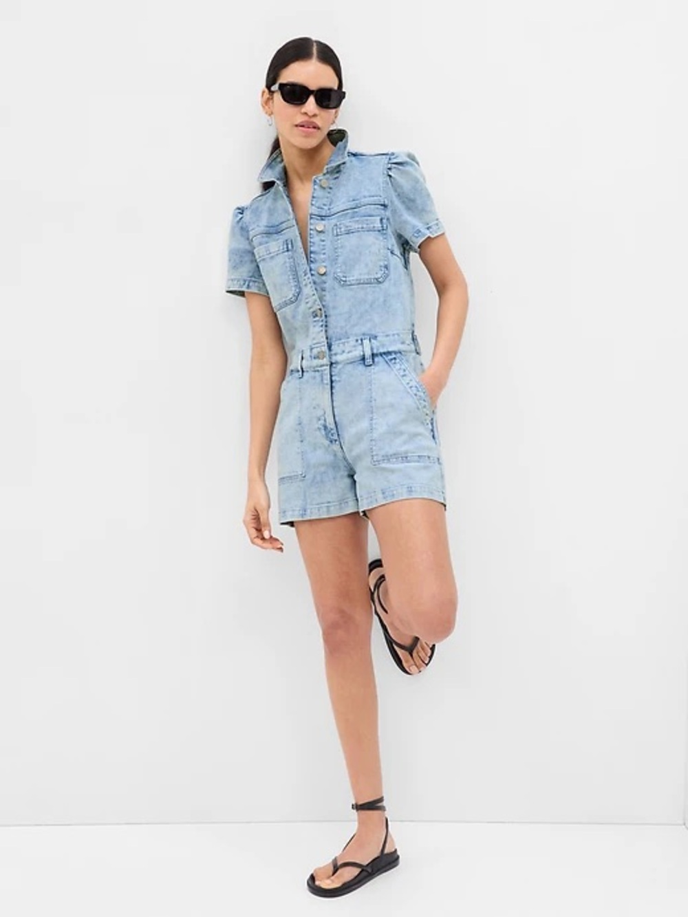 GAP Light Wash Denim Utility Romper Puff Sleeve Shorts Jumpsuit | Size 10 - Picture 4 of 8